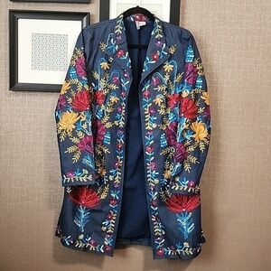 Anu Embroidered Denim Open Front Light Jacket